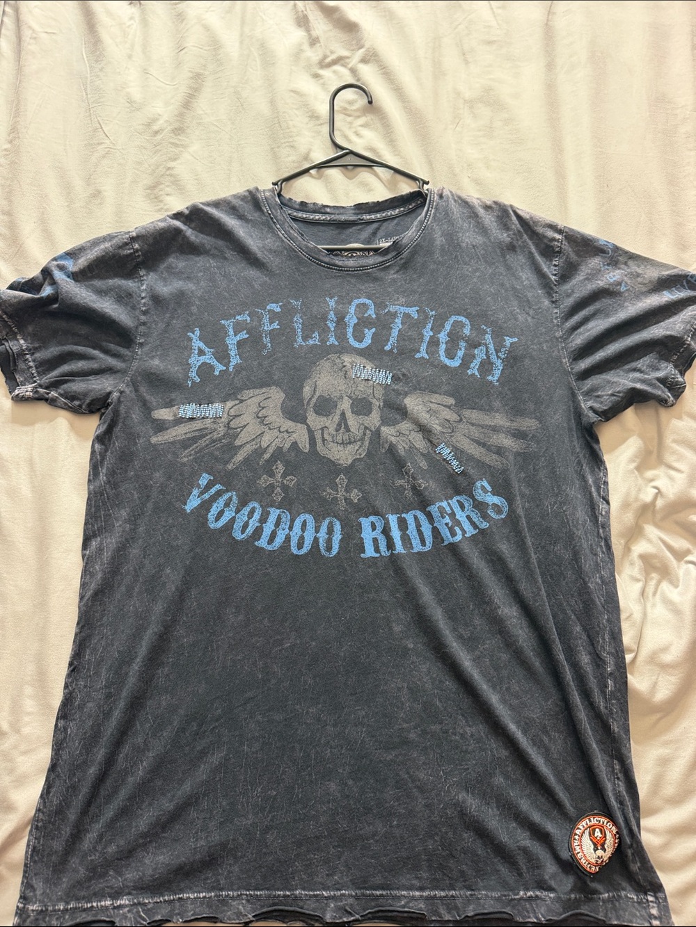 Affliction Black Graphic Tee with Blue Voodoo Riders Print
